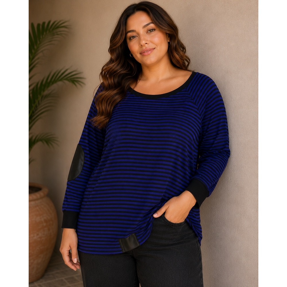 Calvin Klein Wome Performance Blue Black Striped Thermal Top Elbow Patches 2X
